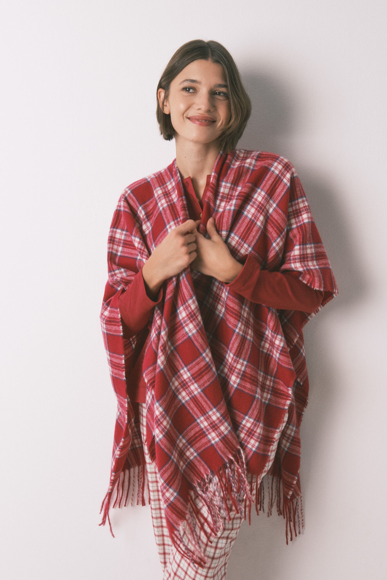 Women'secret Poncho a cuadros con efecto lana de cachemira estampado