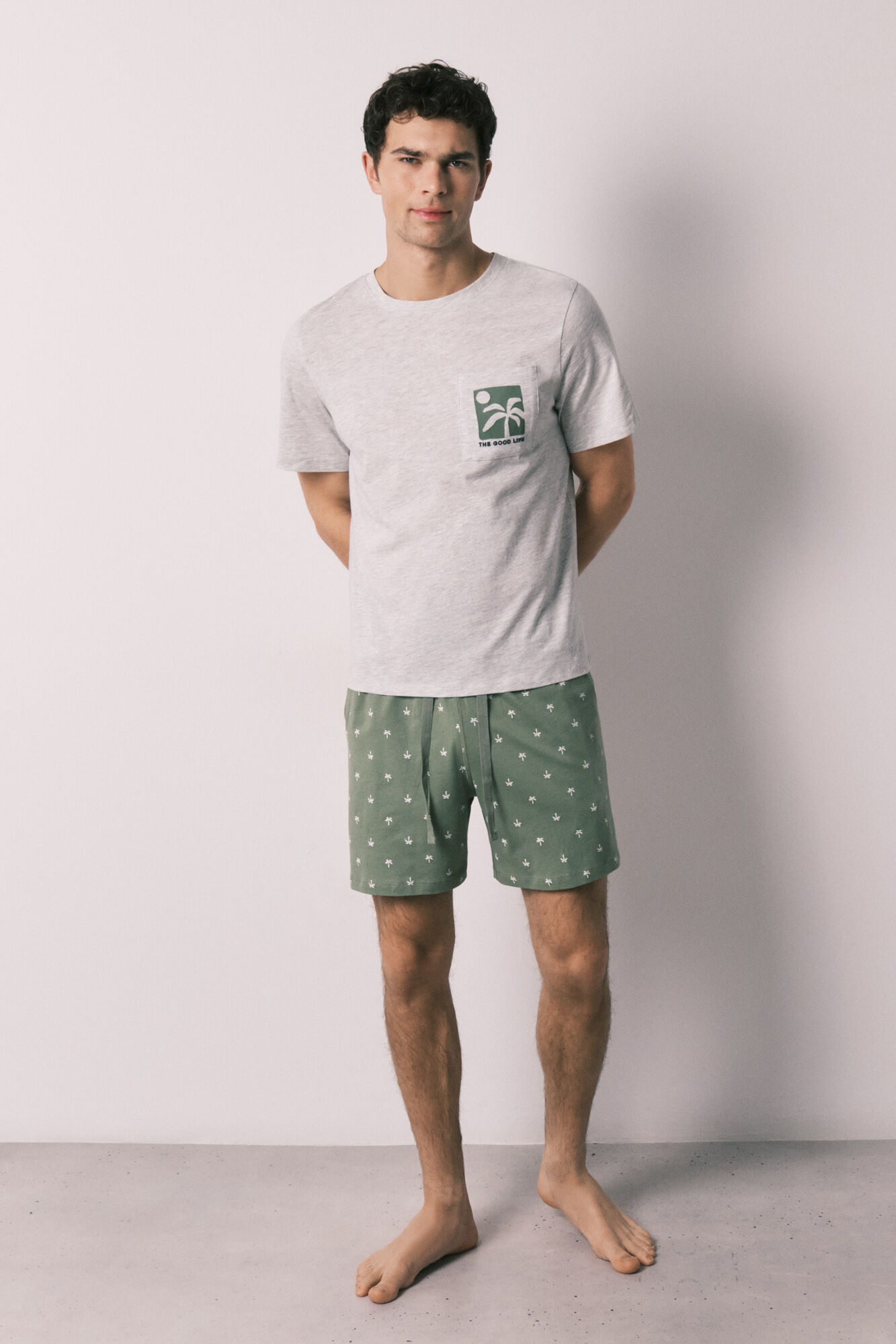 Women'secret Pijama corta de hombre de algod&oacute;n con estampado de palmeras gris