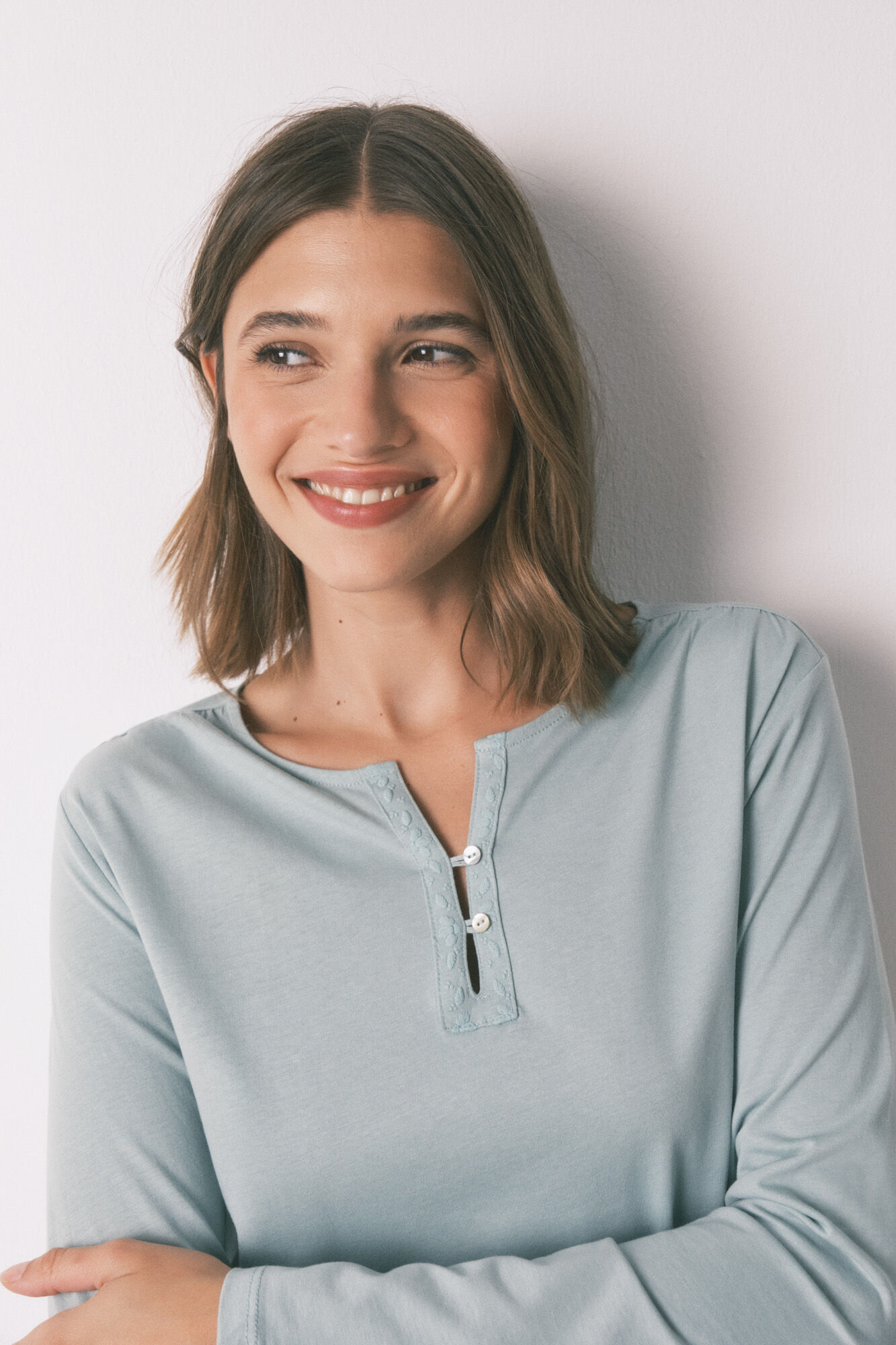 Women'secret Playera verde de manga manga larga 100% algod&oacute;n