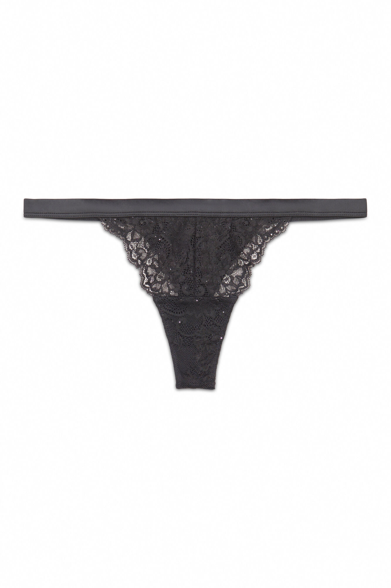 Women'secret Tanga tira encaje negro brillo negro