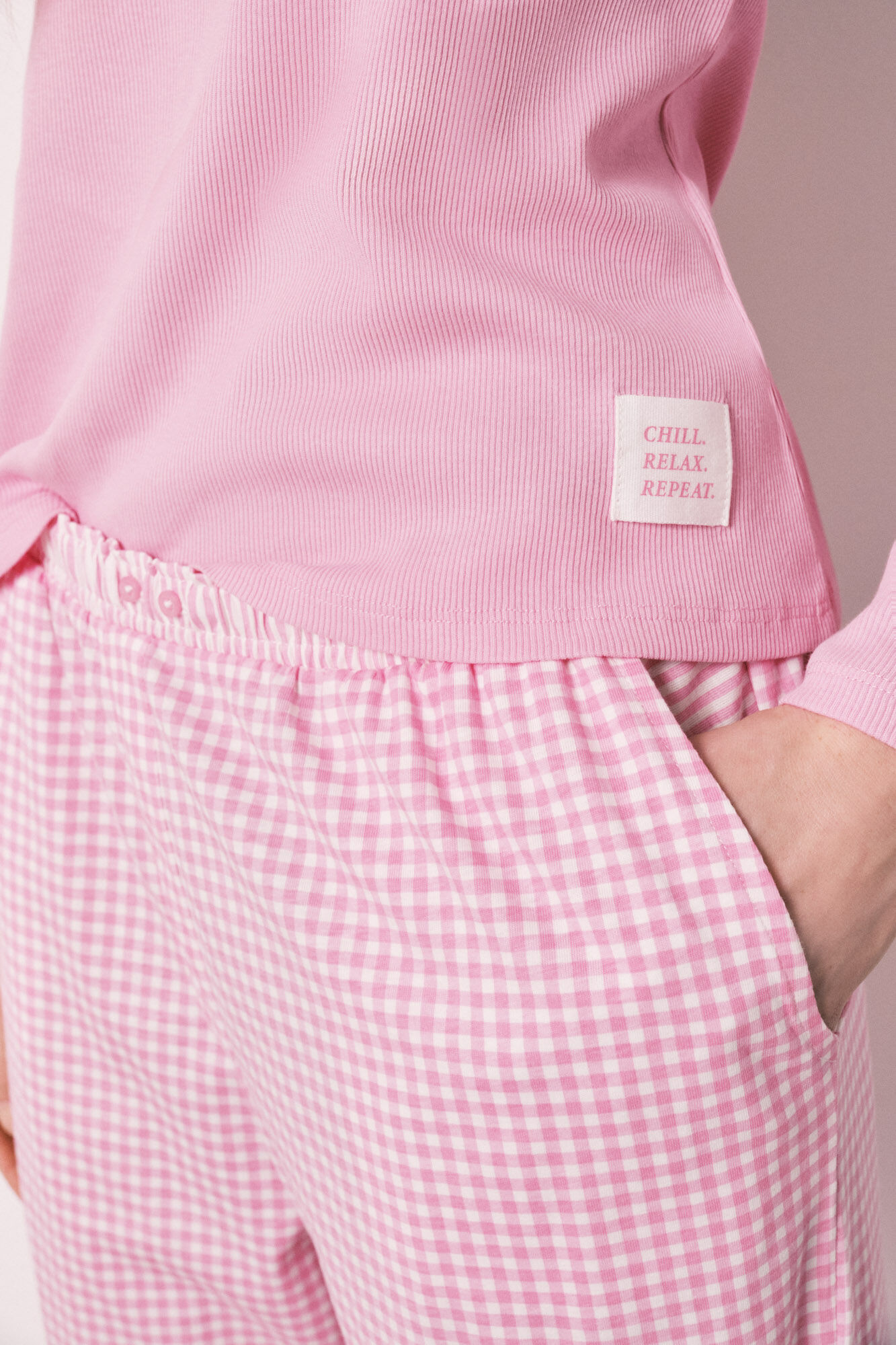 Women'secret Pijama larga estampado vichy de algod&oacute;n rosa rosa