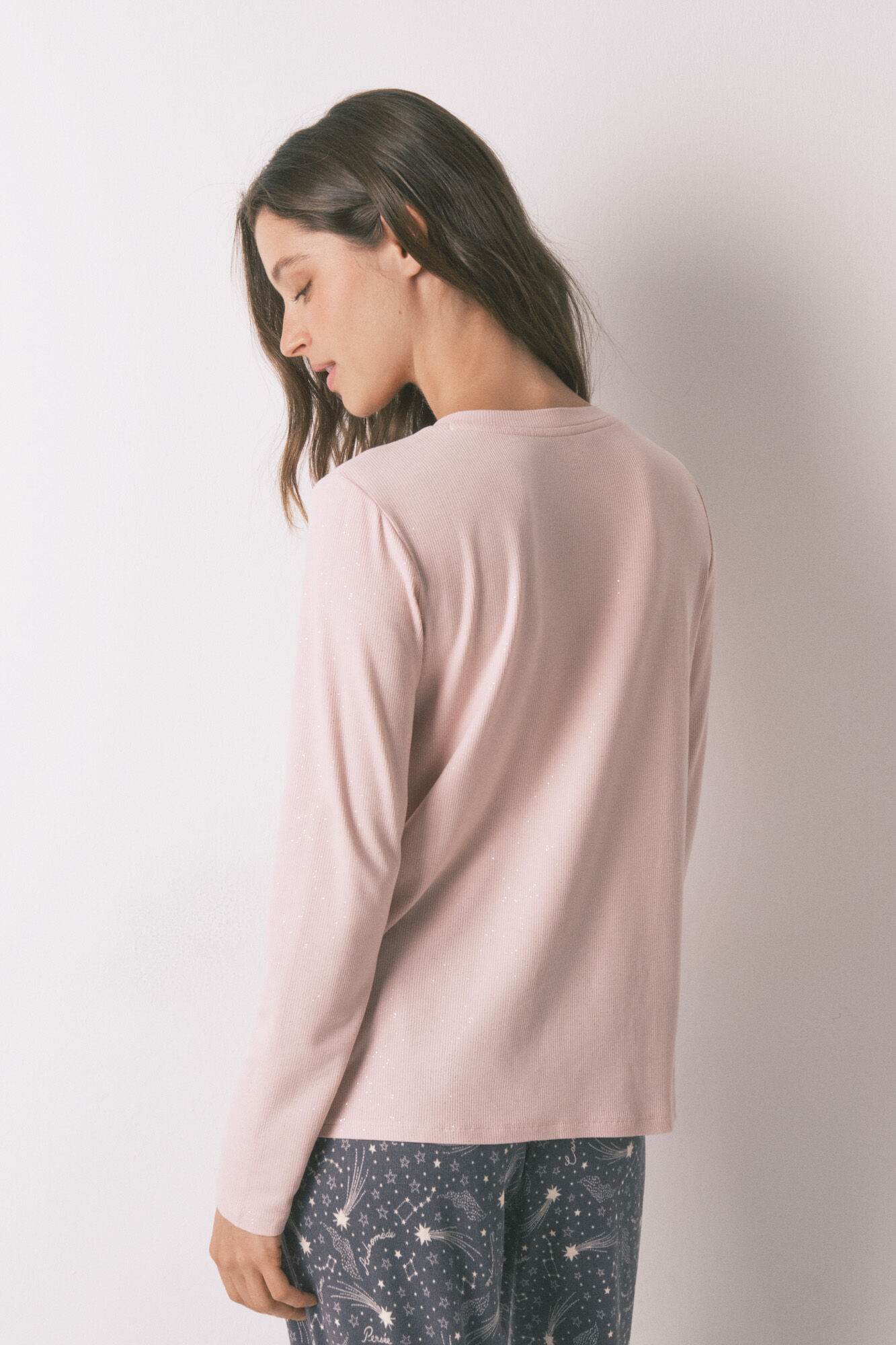 Women'secret Playera de viscosa rosa con purpurina y manga larga rosa