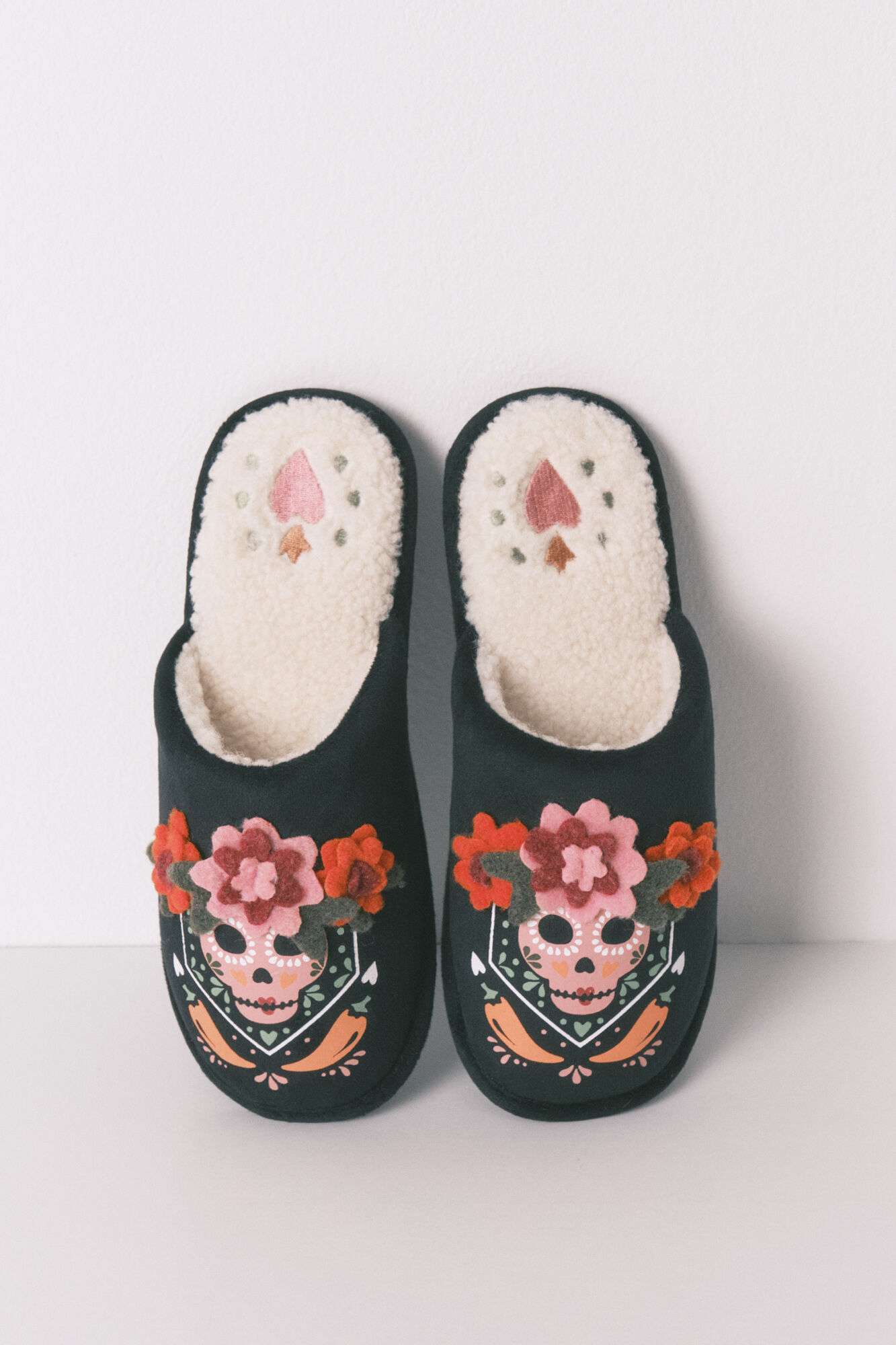 Women'secret Pantuflas para casa con estampado 3D de calavera mexicana negro