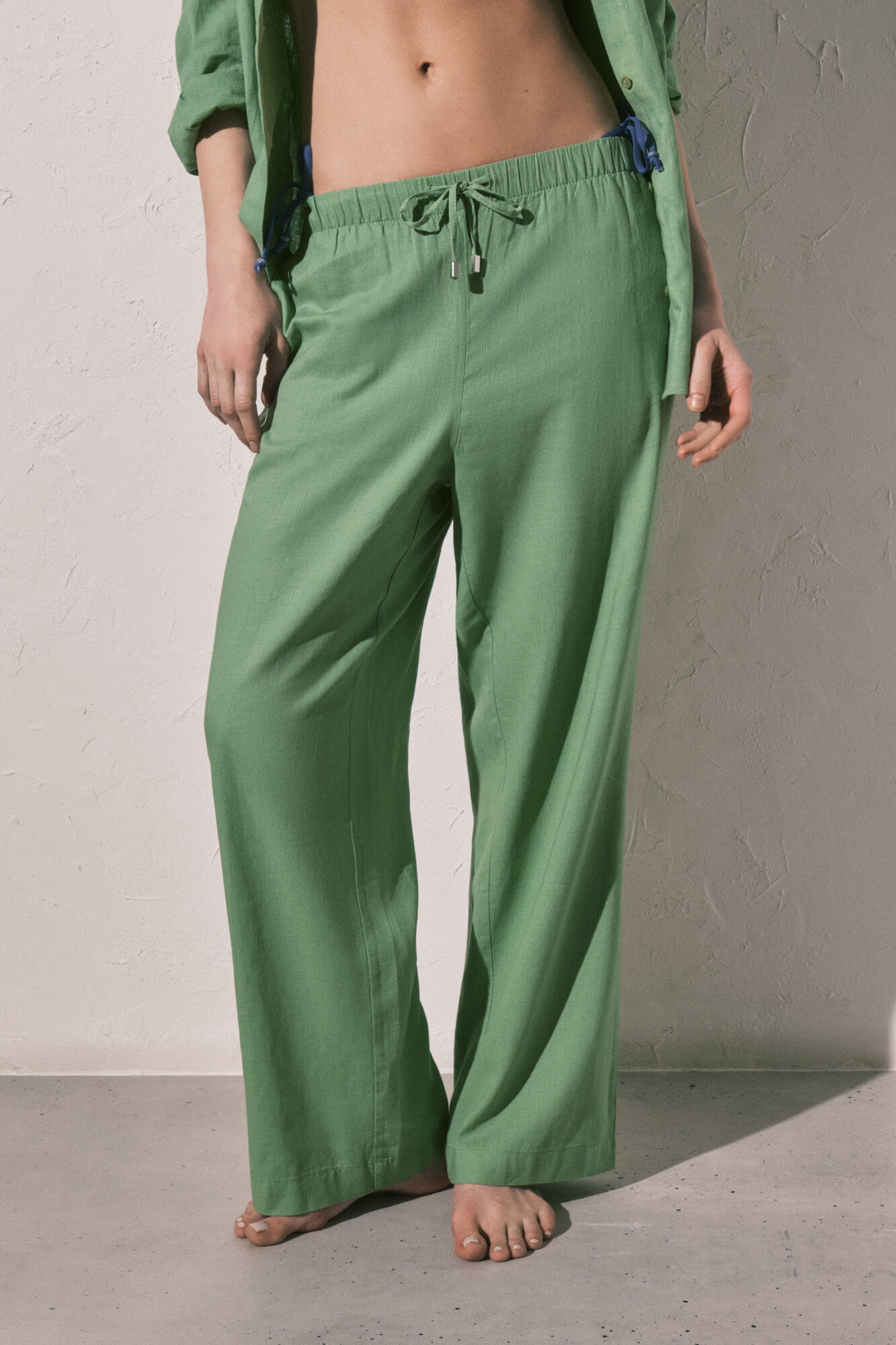 Women'secret Pantal&oacute;n largo de lino verde verde