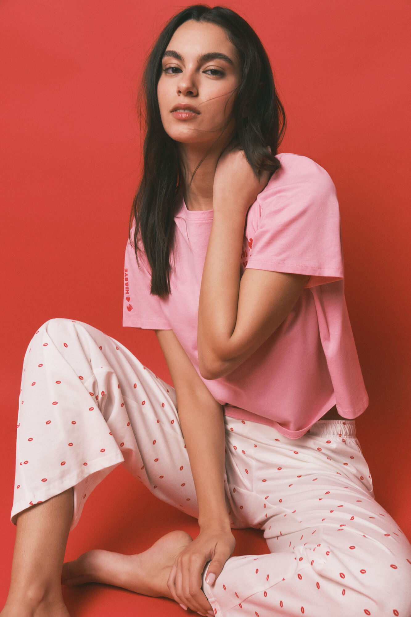 HI&BYE Pijama larga estampada de 100% algod&oacute;n rosa rosa