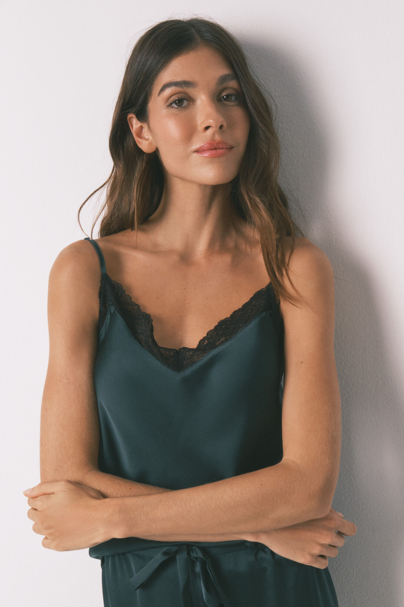 Women'secret Conjunto de pijama de sat&eacute;n y encaje verde verde