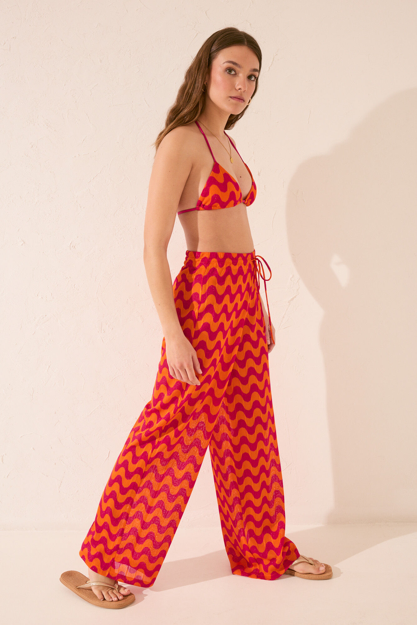 Women'secret Pantal&oacute;n largo de malla con estampado de ondas rosas rosa